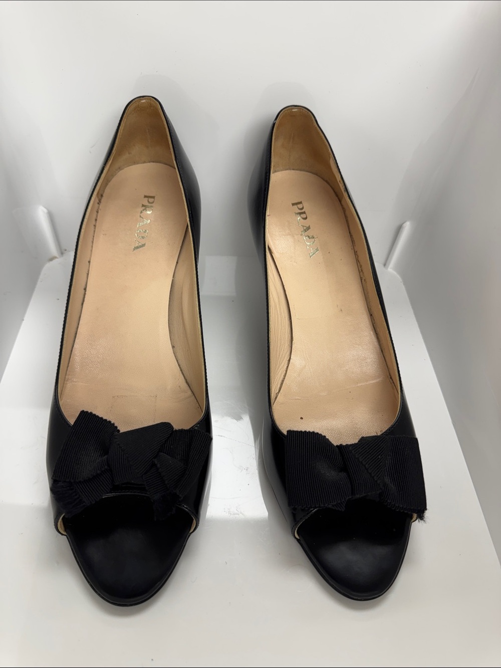 Prada Black Peep-Toe Pumps with Grosgrain Bow